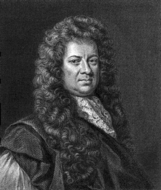A copper engraving of a man with a composed expression wearing a large, dark, long-haired wig.