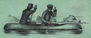 Two men rowing a low-lying boat