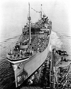 SS Mission Solano launching at Marine Ship Corporation, Sausalito, California on 14 January 1944