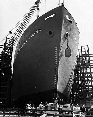 SS George Washington Carver slides down the shipway after launching on 7 May 1943