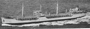 USNS Mission San Rafael (T-AO-130) underway with a deck cargo of oil drums, date and location unknown.