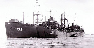 Broadwater (APA-139) alongside Bellerophon (ARL-31) in San Francisco Bay, October 1945